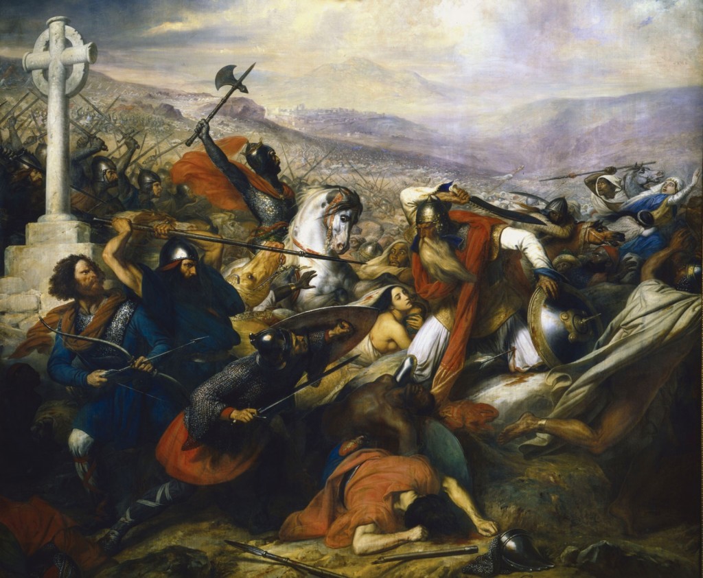 La Bataille de Poitiers, huile sur toile, Charles de Steuben (1837). Une vision classique de l'affrontement, insistant sur l'aspect religieux et grandement influencée par la conquête contemporaine de l'Algérie par les troupes de Louis-Philippe et par l'orientalisme.